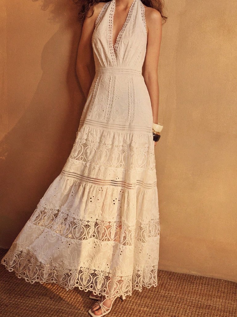 White Elegant Women's Cotton Blend Embroidered Lace Patchwork Vacation Dress